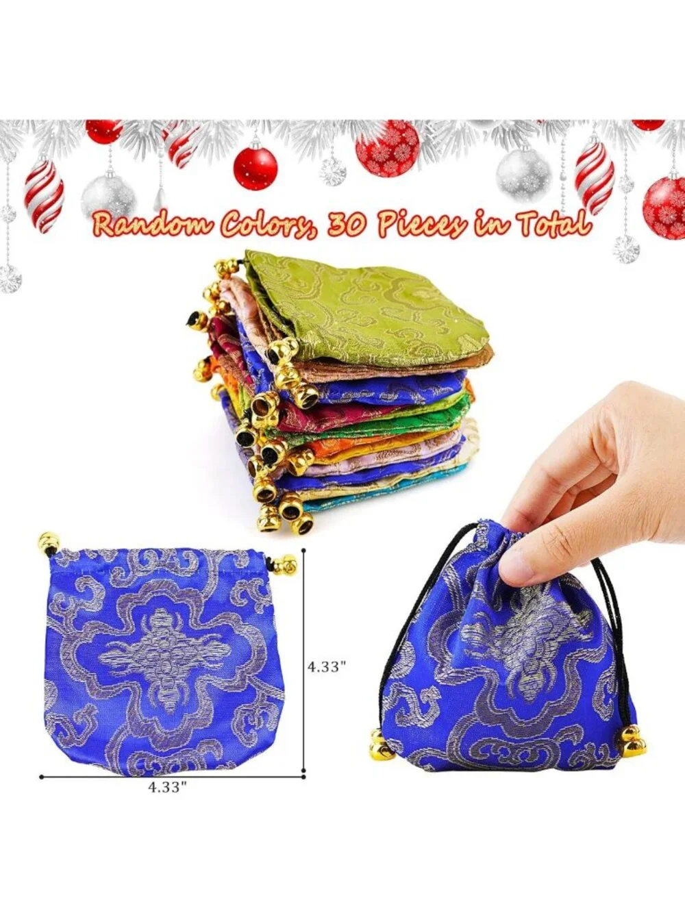 Embroidered Silk Brocade Drawstring Jewelry Pouch Bag - 30 Pcs Set